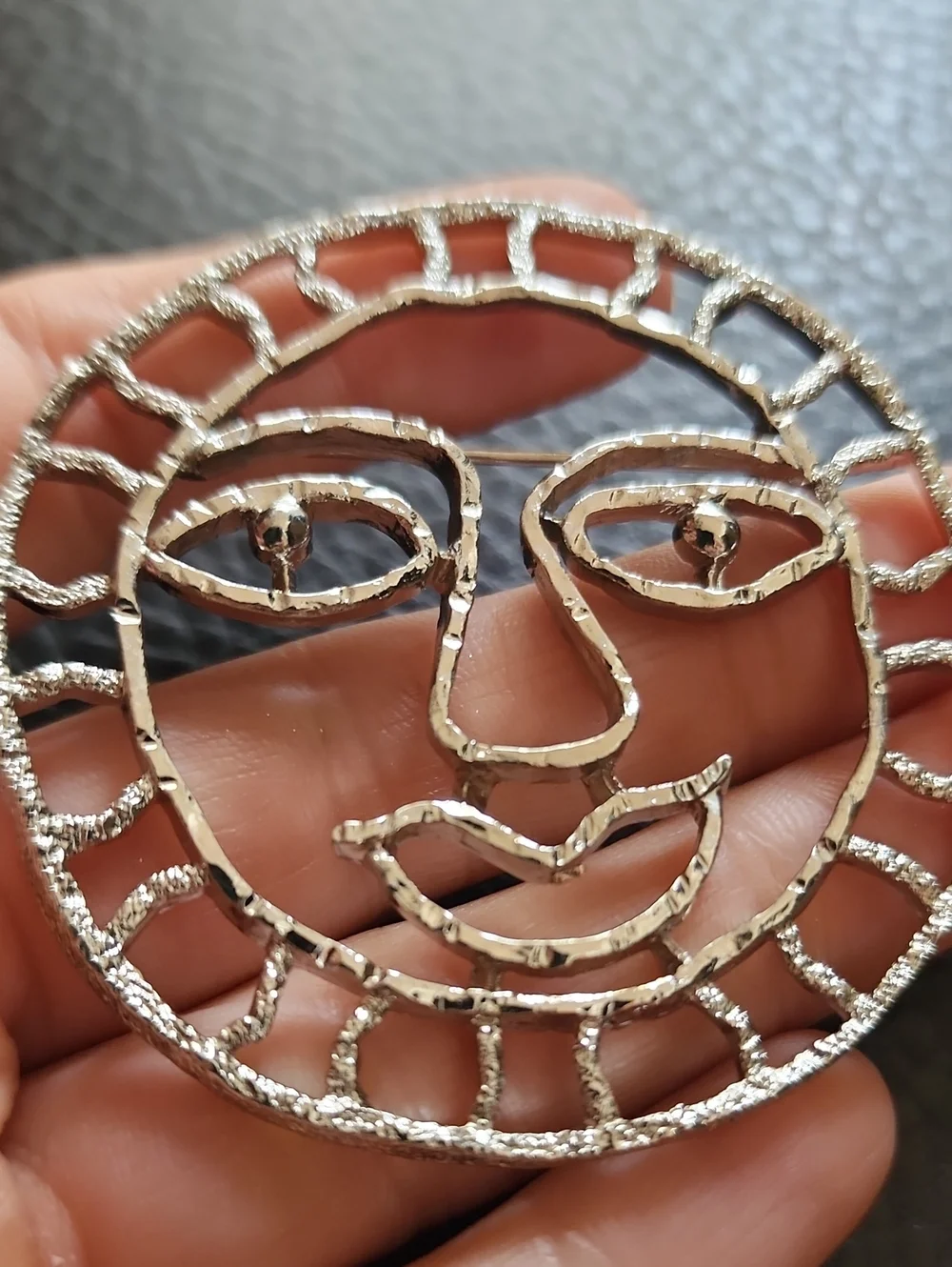 Silver Tone Sun Face Brooch - Women's Accessory